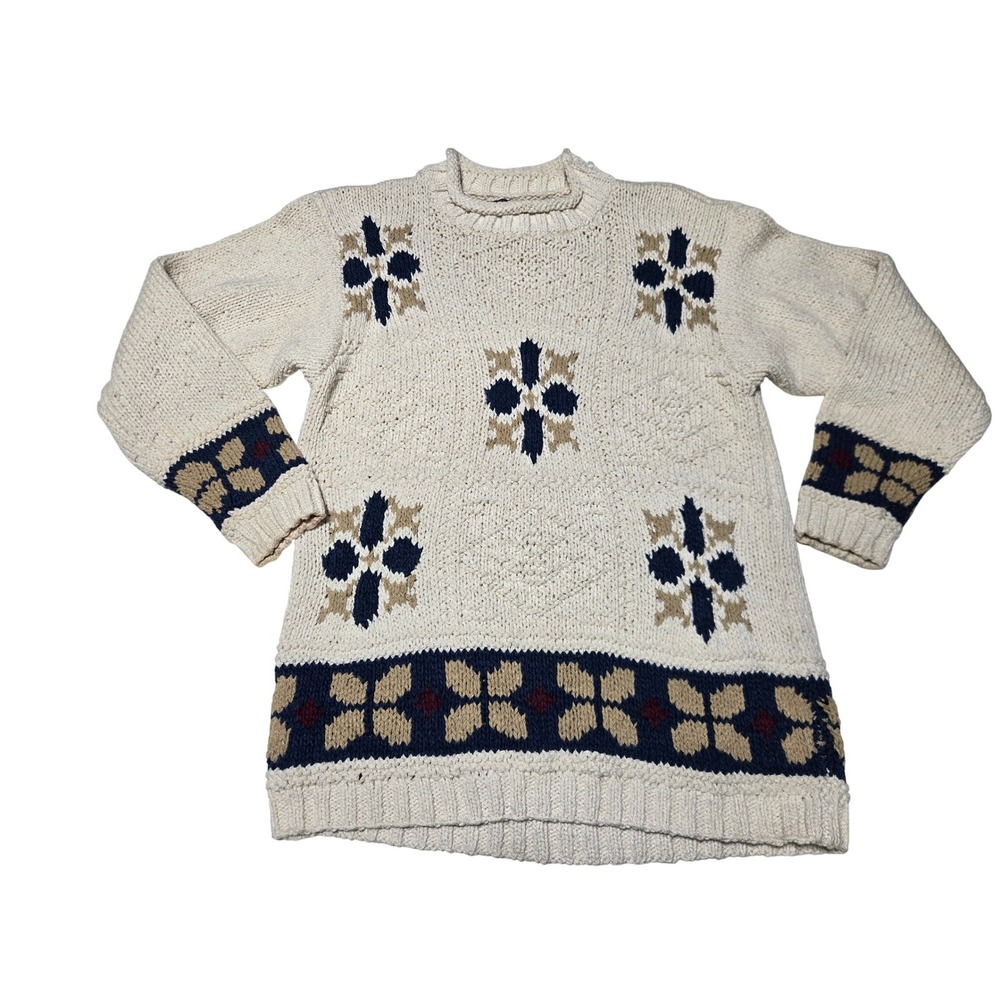 Lizwear Knit Sweater Cream Floral Patchwork Mock‎ Neck Women's S